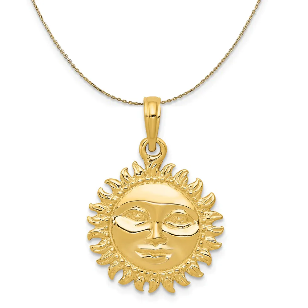 14k Yellow Gold 17mm 3D Sun with Face Necklace