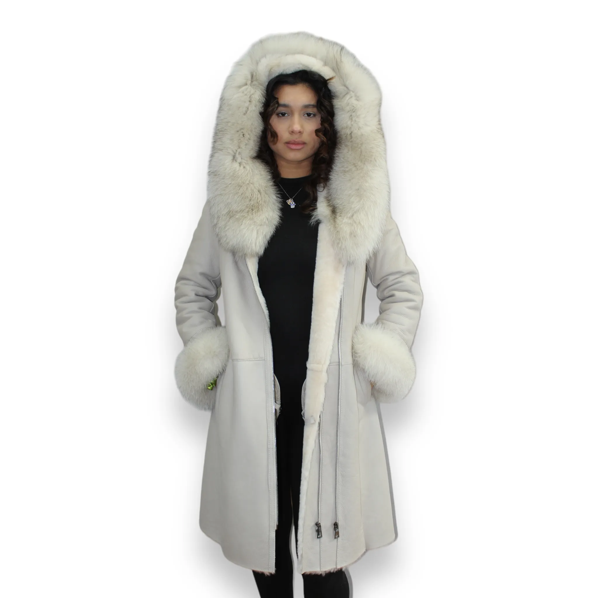 7/8 Acro Shearling with Fox Hood and Double Zipper - Daniel's Leather