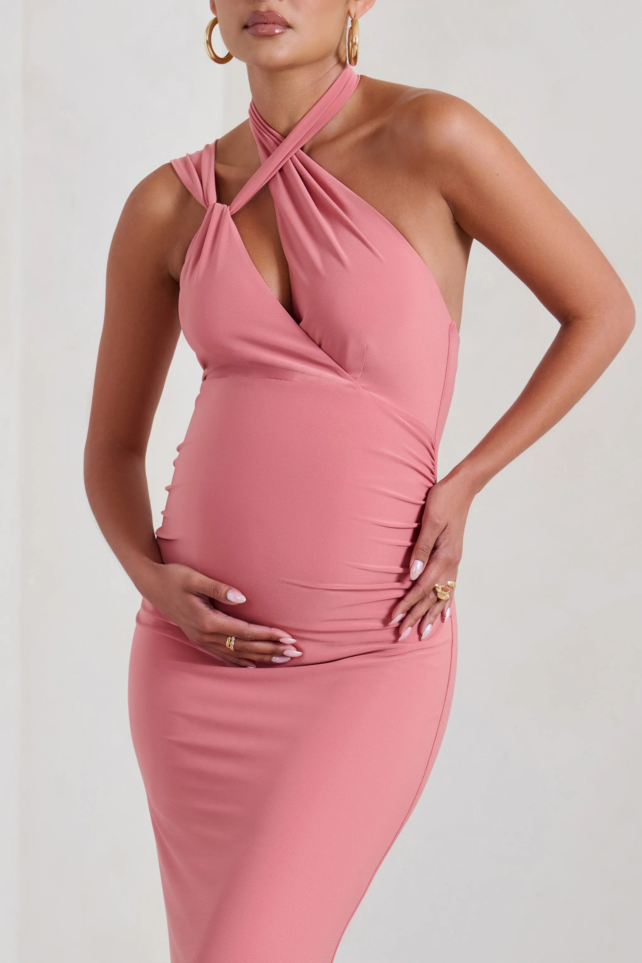 Alba | Blush Pink Maternity Halter Asymmetric Maxi Dress with Cut Out