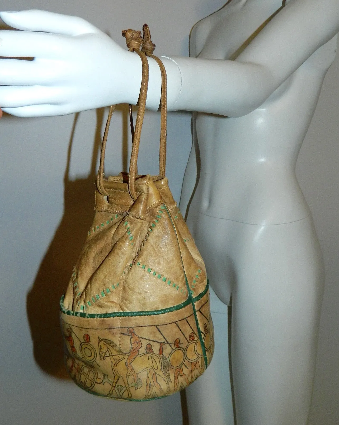 antique 1930s leather drawstring bag / Roman warrior print / horses Egyptian