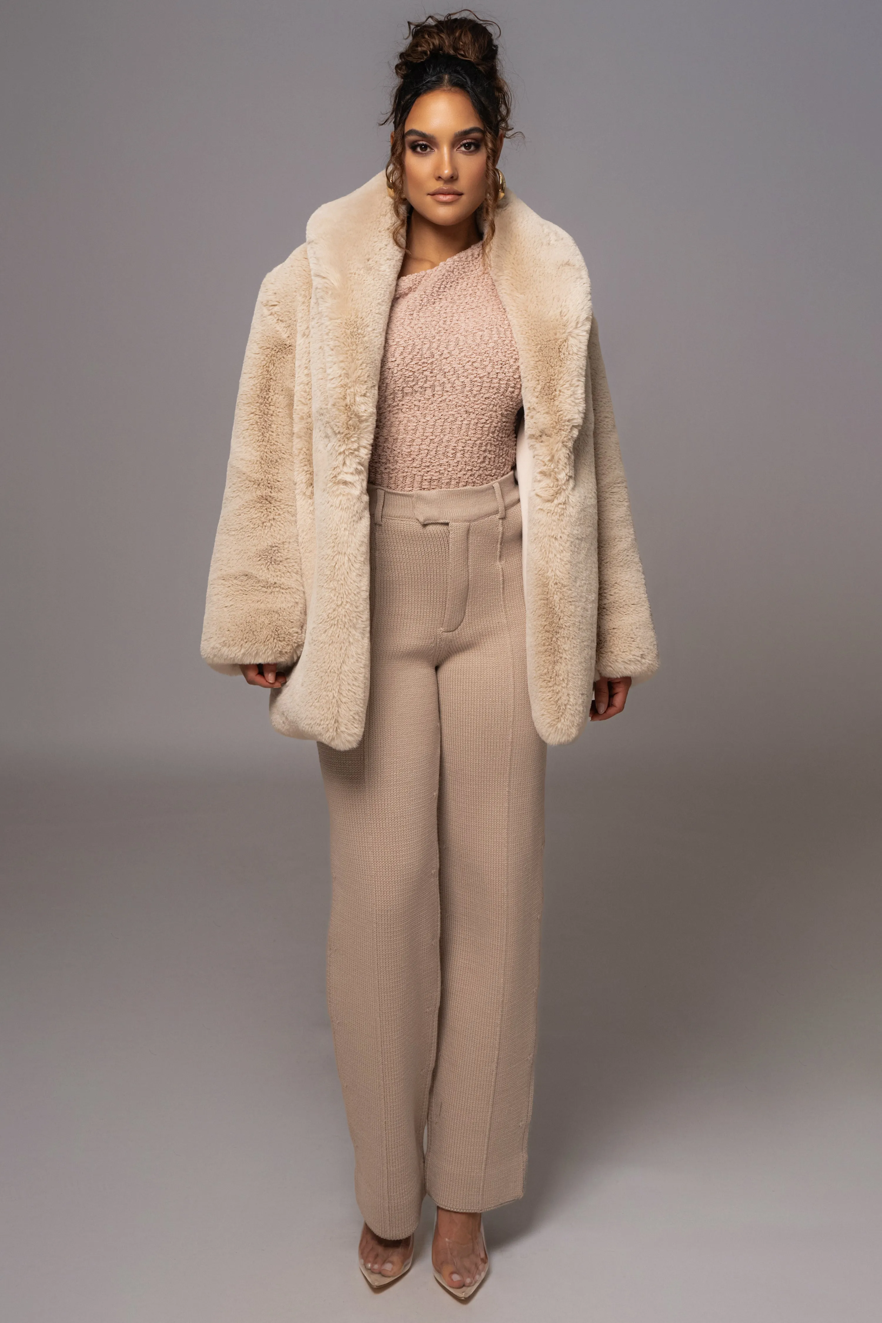 Beige Refined Faux Fur Oversized Coat