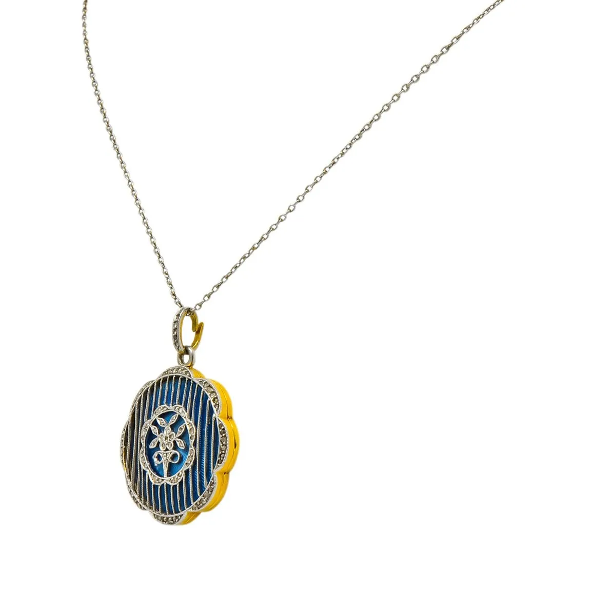 Belle poque  Enamel Diamond Platinum-Topped 18 Karat Gold French Lariat Pendant Necklace