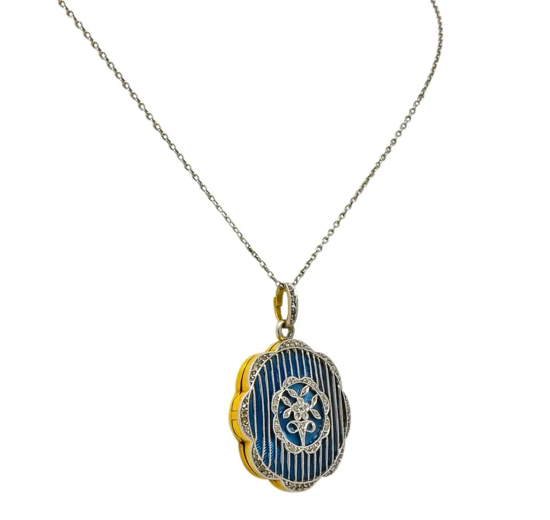 Belle poque  Enamel Diamond Platinum-Topped 18 Karat Gold French Lariat Pendant Necklace