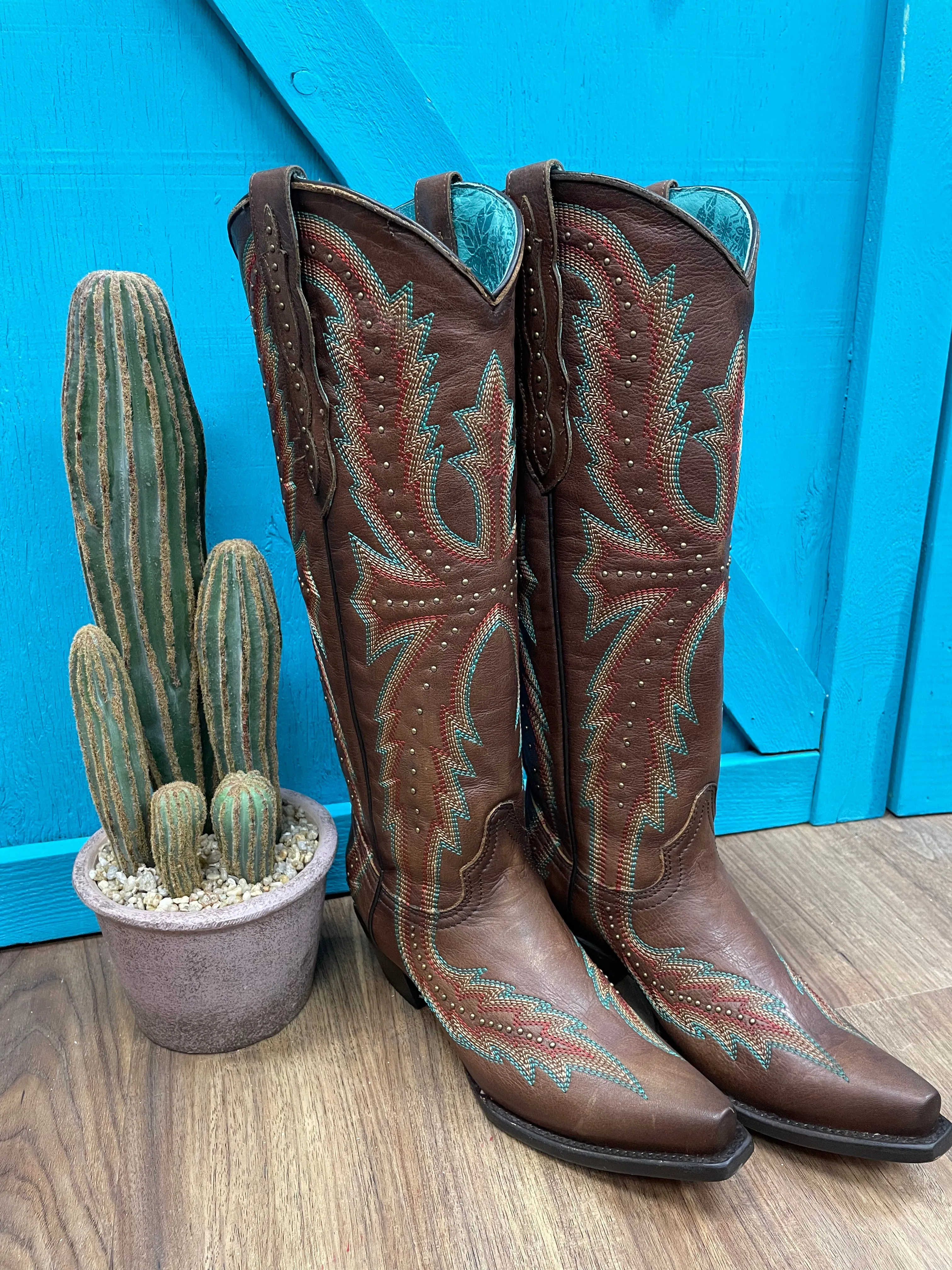 Corral Women's Brown Embroidery Stud Tall Cowgirl Boots C4068