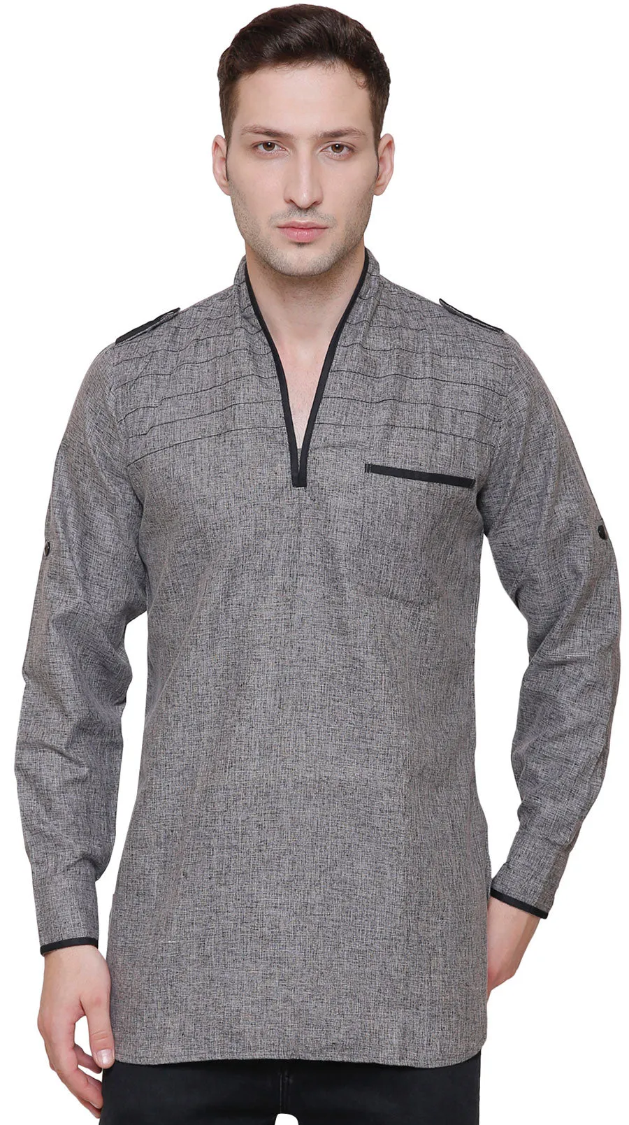 Cotton Mens Short Kurta Shirt Dress India Traditional Clothing (Grey)