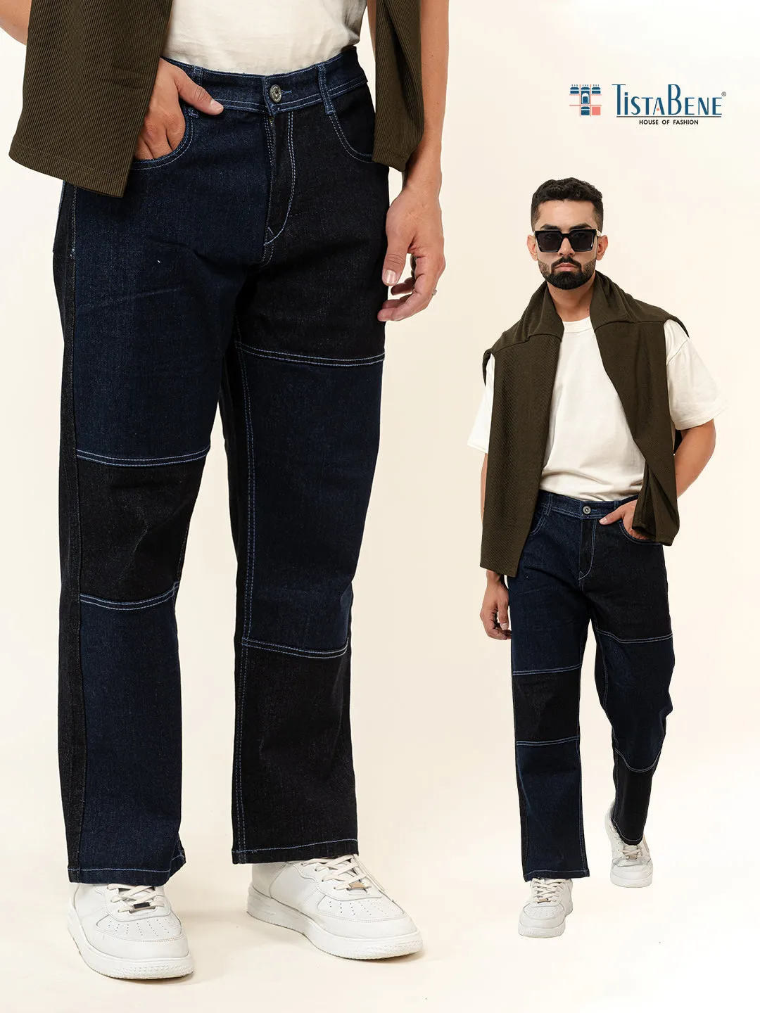 Dark Blue Colour Block Straight Fit Denim Jeans