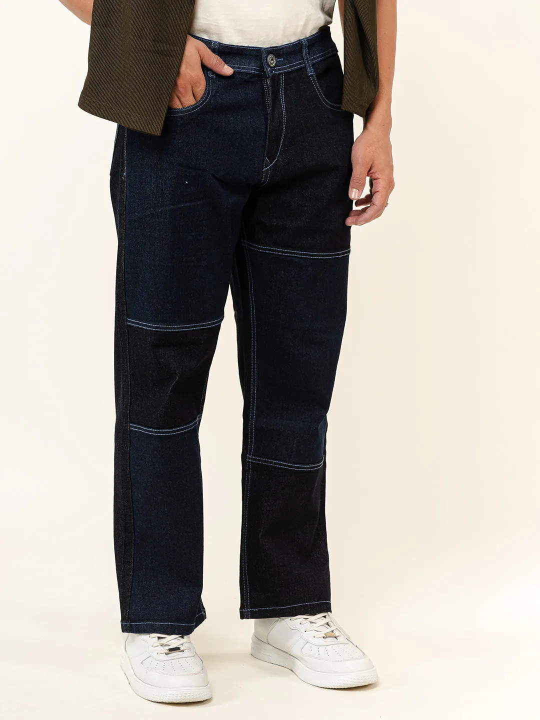 Dark Blue Colour Block Straight Fit Denim Jeans