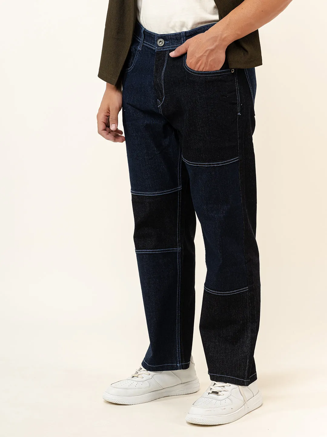 Dark Blue Colour Block Straight Fit Denim Jeans