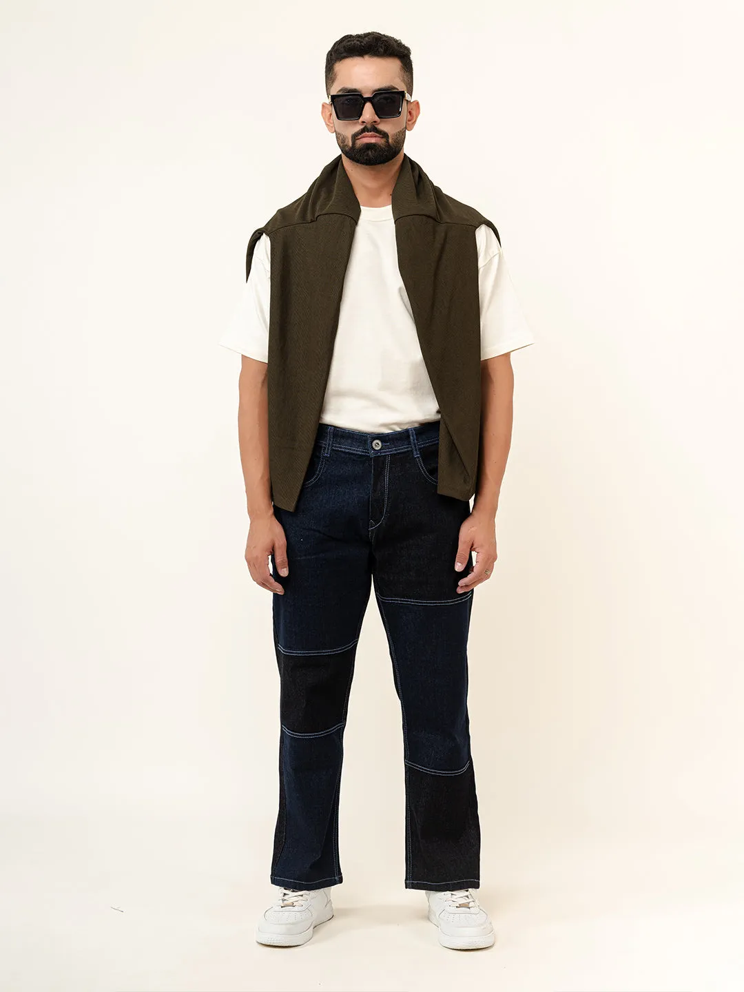 Dark Blue Colour Block Straight Fit Denim Jeans