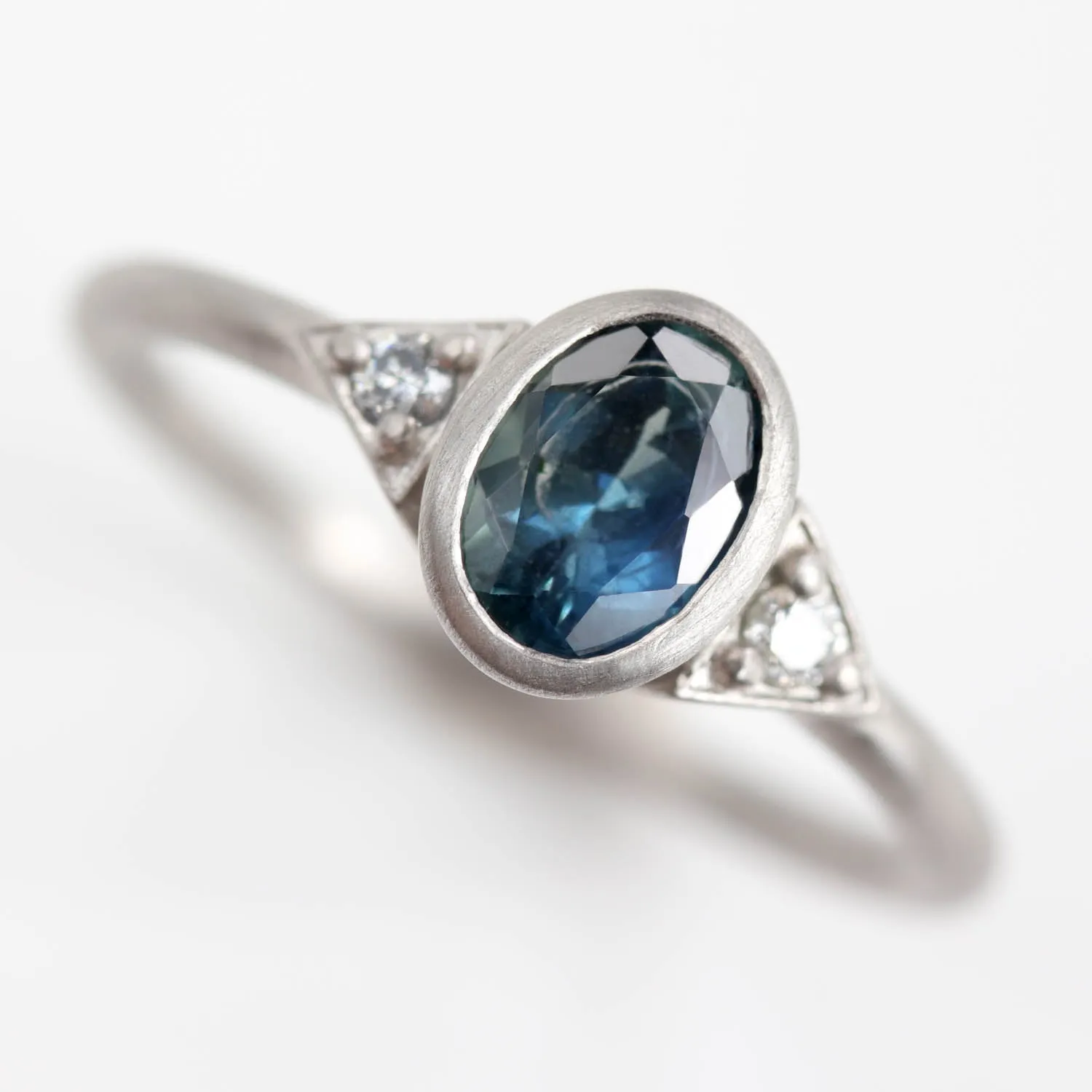 Deco Three Stone Ring with Oval Malawi Sapphire