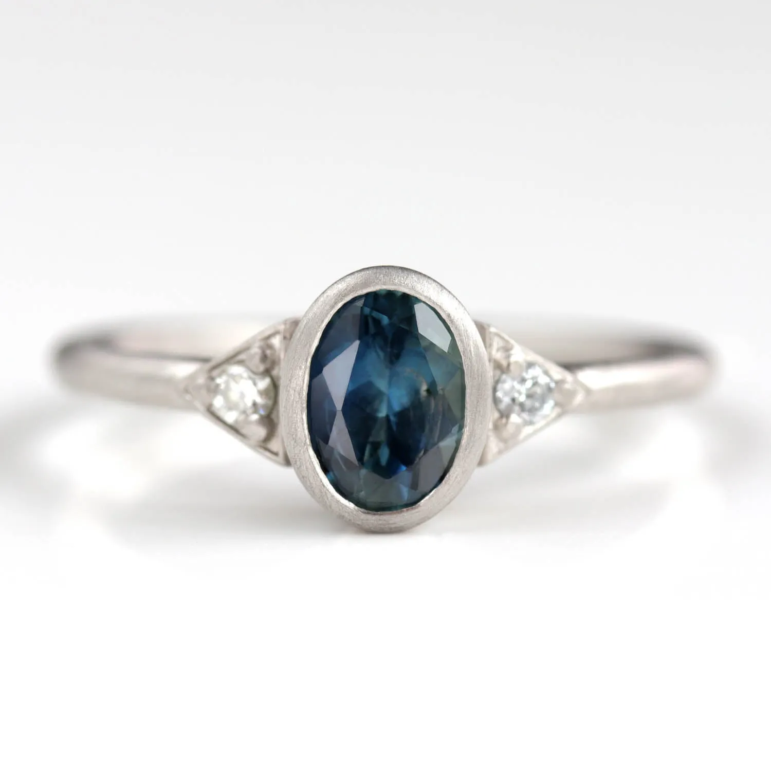 Deco Three Stone Ring with Oval Malawi Sapphire