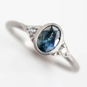 Deco Three Stone Ring with Oval Malawi Sapphire