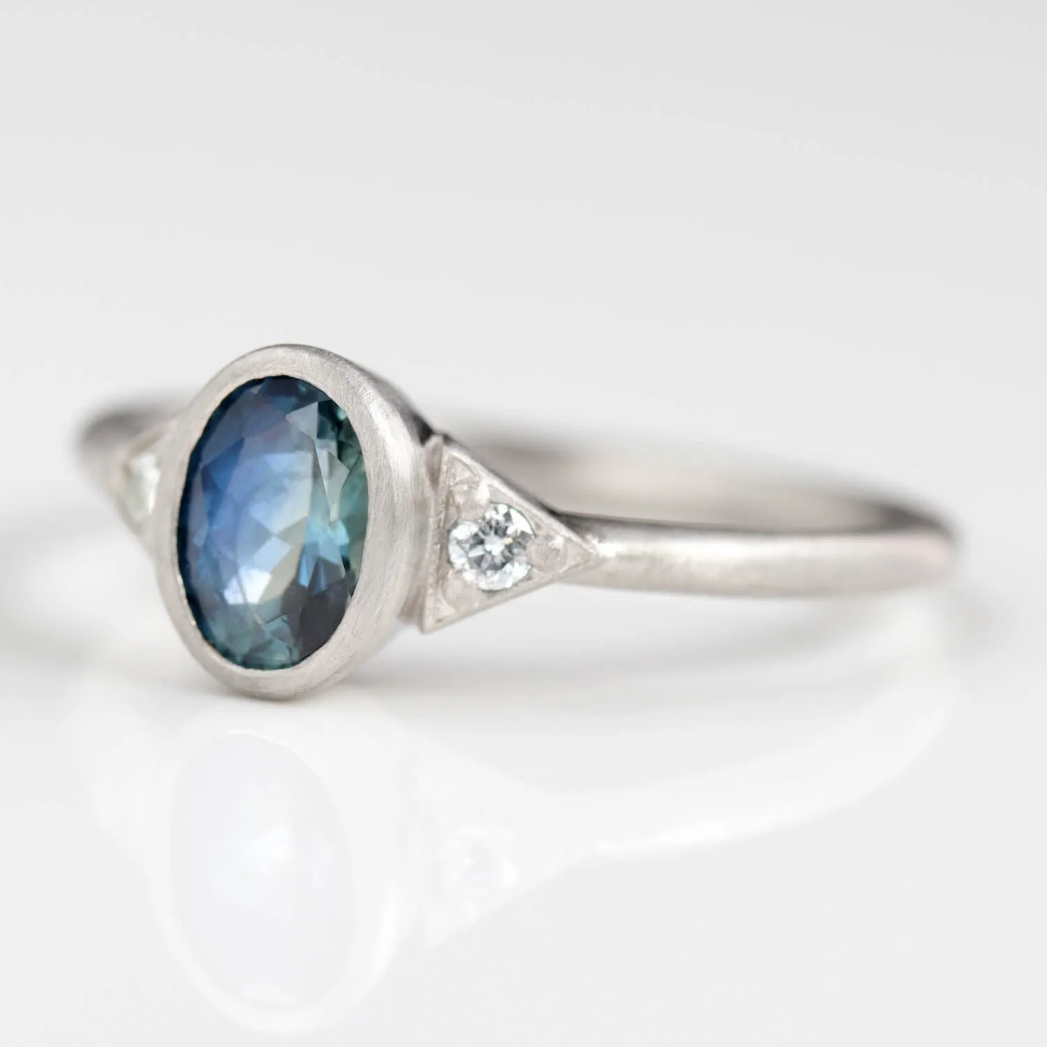 Deco Three Stone Ring with Oval Malawi Sapphire