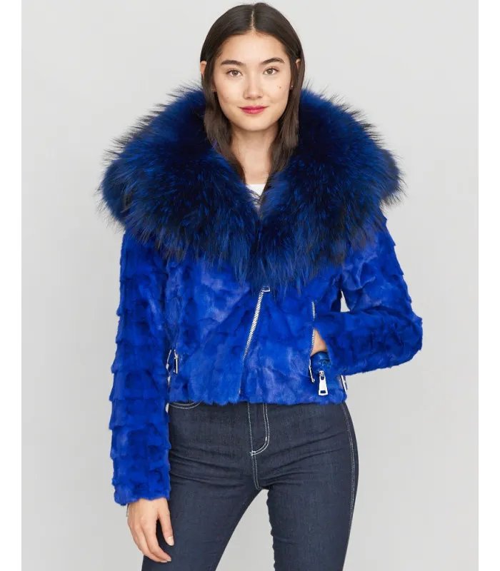 Diamond Mink Motor Jacket w/Fox Collar & Hood in Royal Blue: FurHatWorld