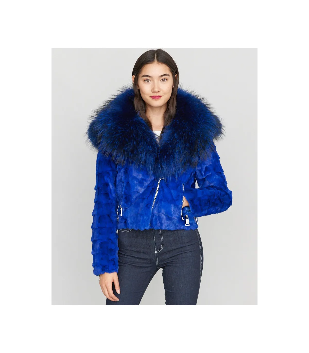 Diamond Mink Motor Jacket w/Fox Collar & Hood in Royal Blue: FurHatWorld