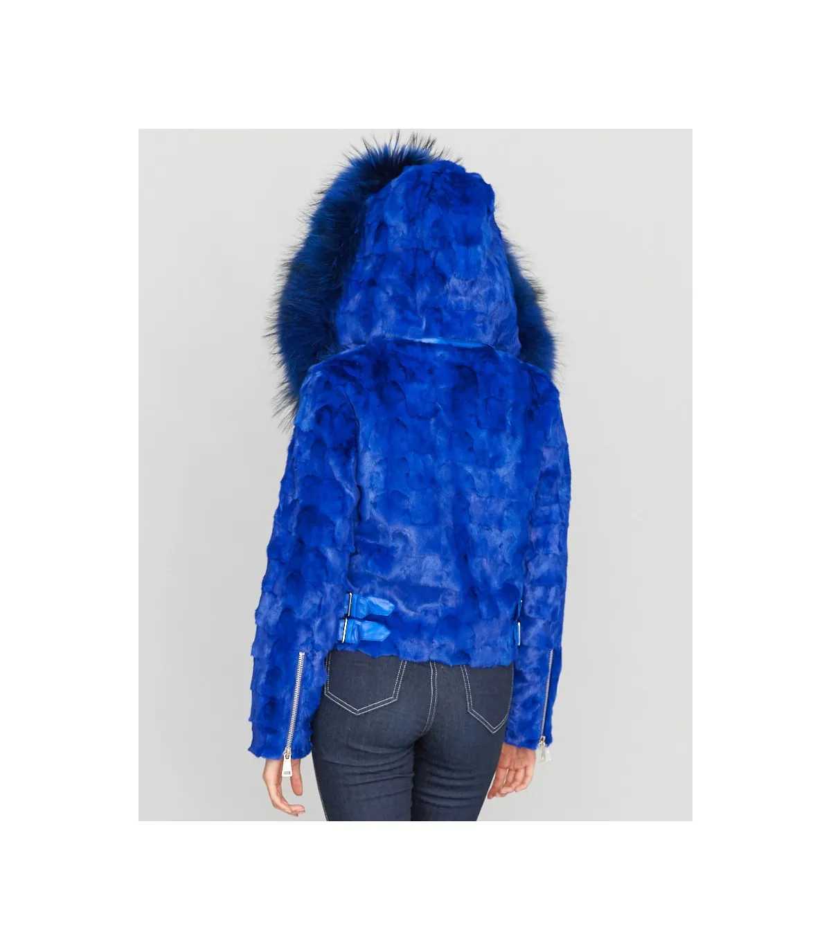 Diamond Mink Motor Jacket w/Fox Collar & Hood in Royal Blue: FurHatWorld