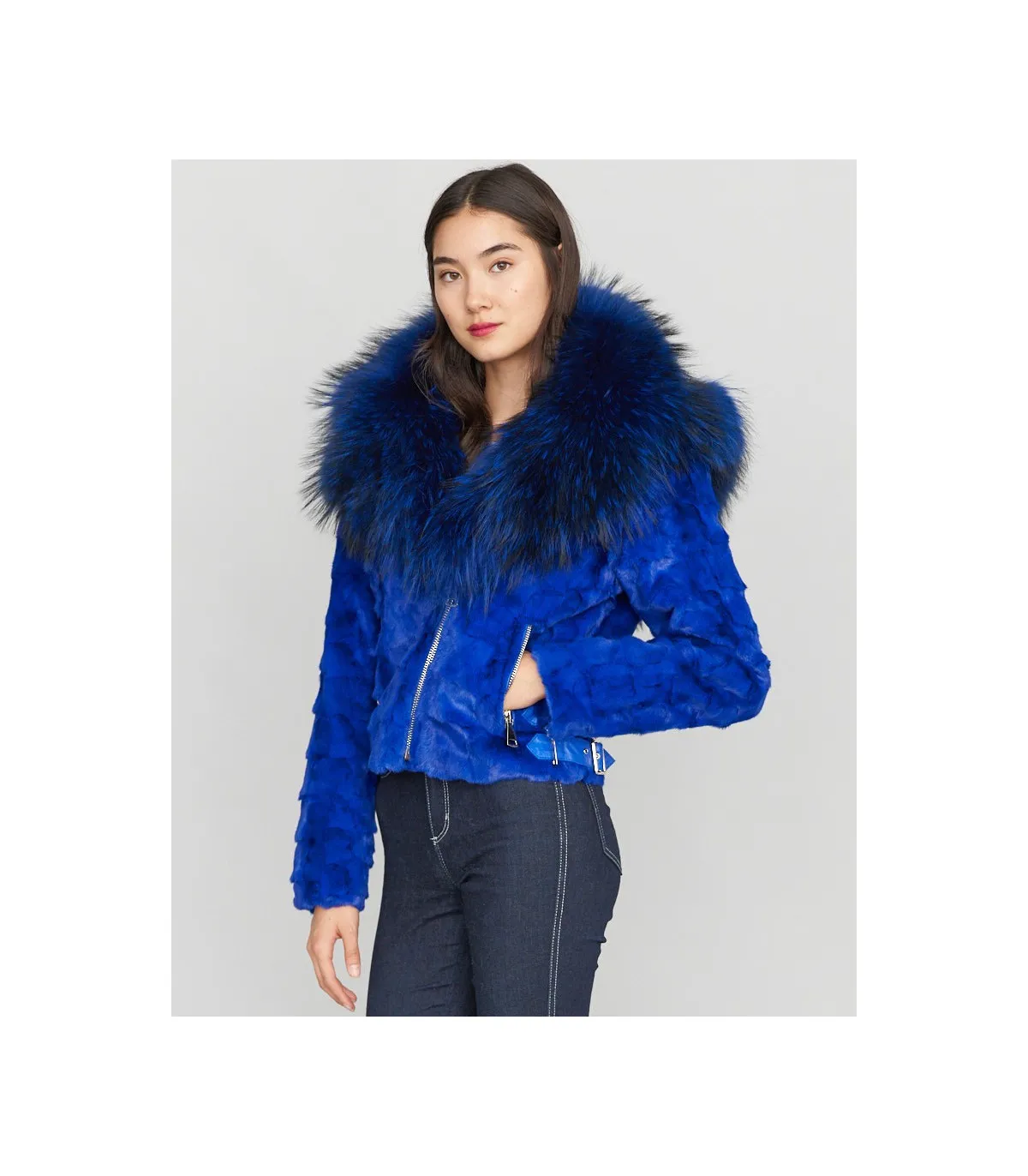 Diamond Mink Motor Jacket w/Fox Collar & Hood in Royal Blue: FurHatWorld