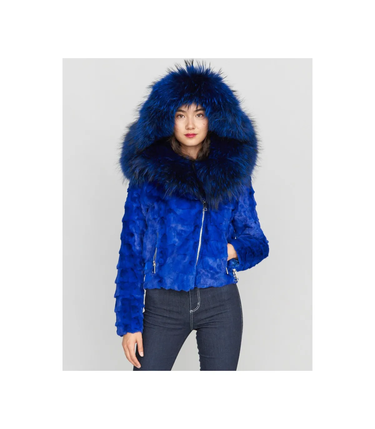 Diamond Mink Motor Jacket w/Fox Collar & Hood in Royal Blue: FurHatWorld