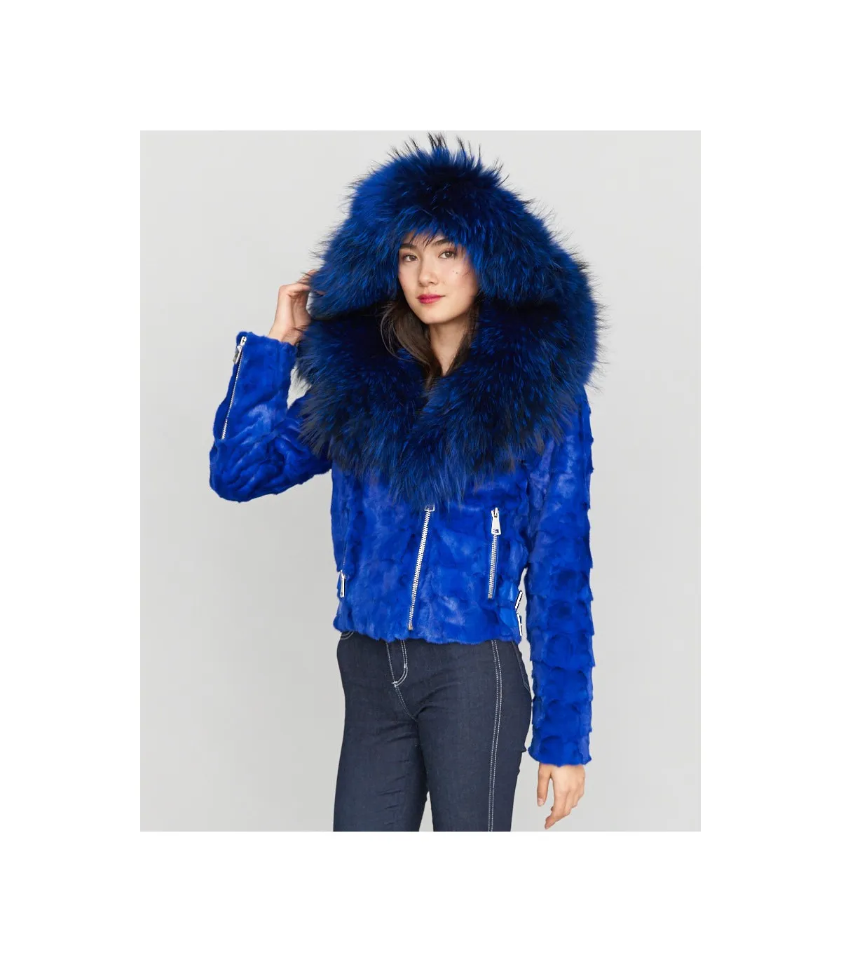 Diamond Mink Motor Jacket w/Fox Collar & Hood in Royal Blue: FurHatWorld