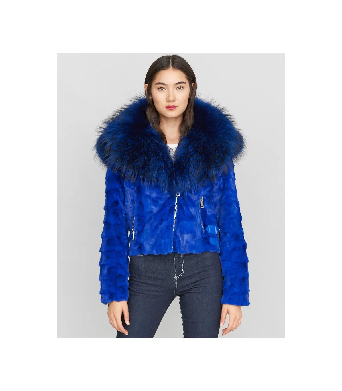 Diamond Mink Motor Jacket w/Fox Collar & Hood in Royal Blue: FurHatWorld