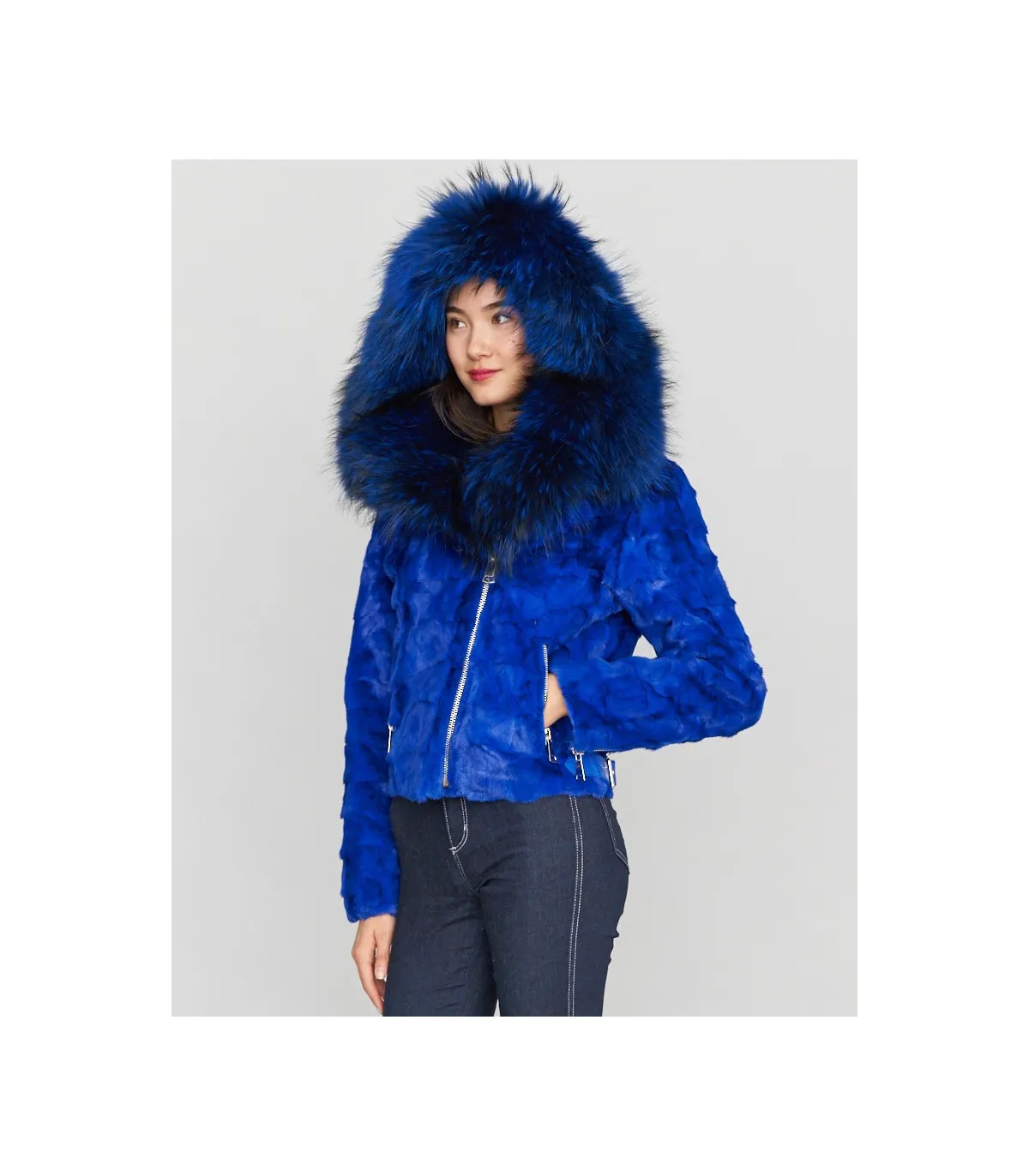 Diamond Mink Motor Jacket w/Fox Collar & Hood in Royal Blue: FurHatWorld