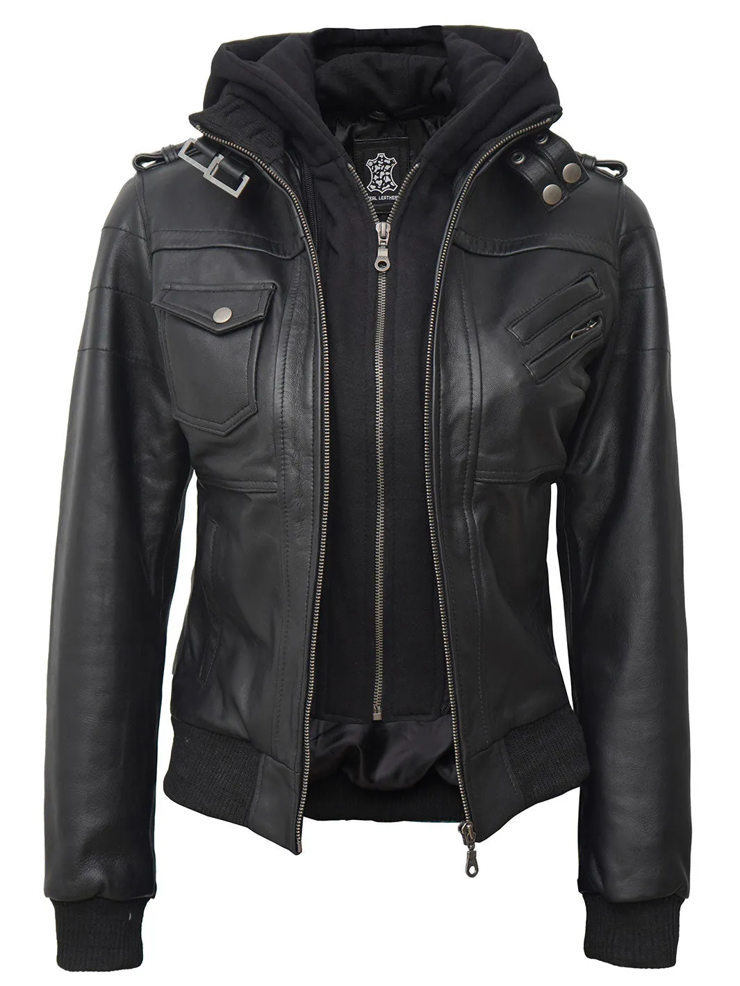 Edinburgh Petite Womens Black Hooded Leather Jacket