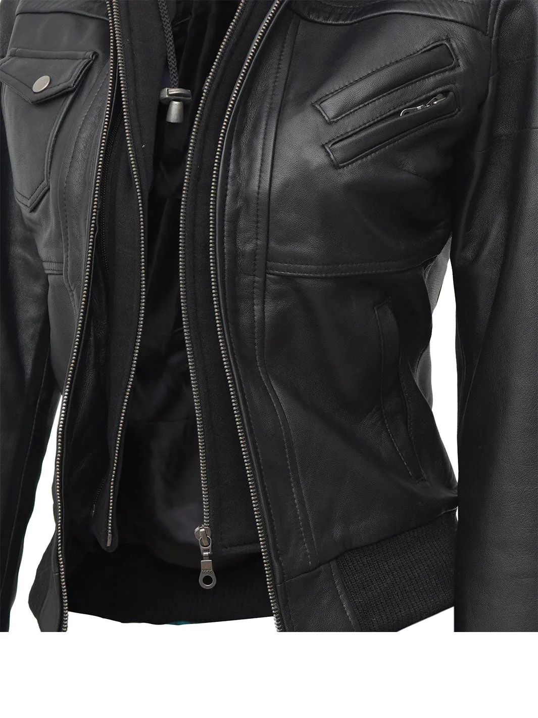 Edinburgh Petite Womens Black Hooded Leather Jacket