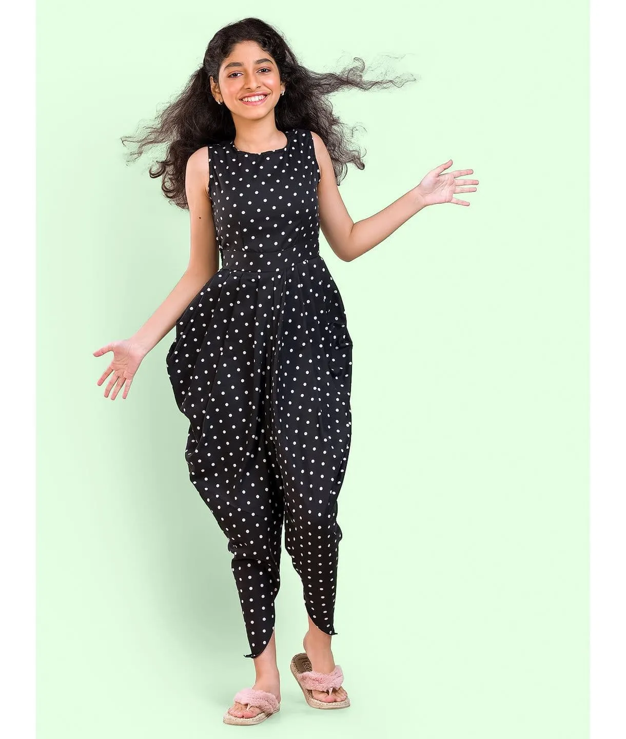 Elasticated Polka Print Dhoti Jumpsuit for Girls