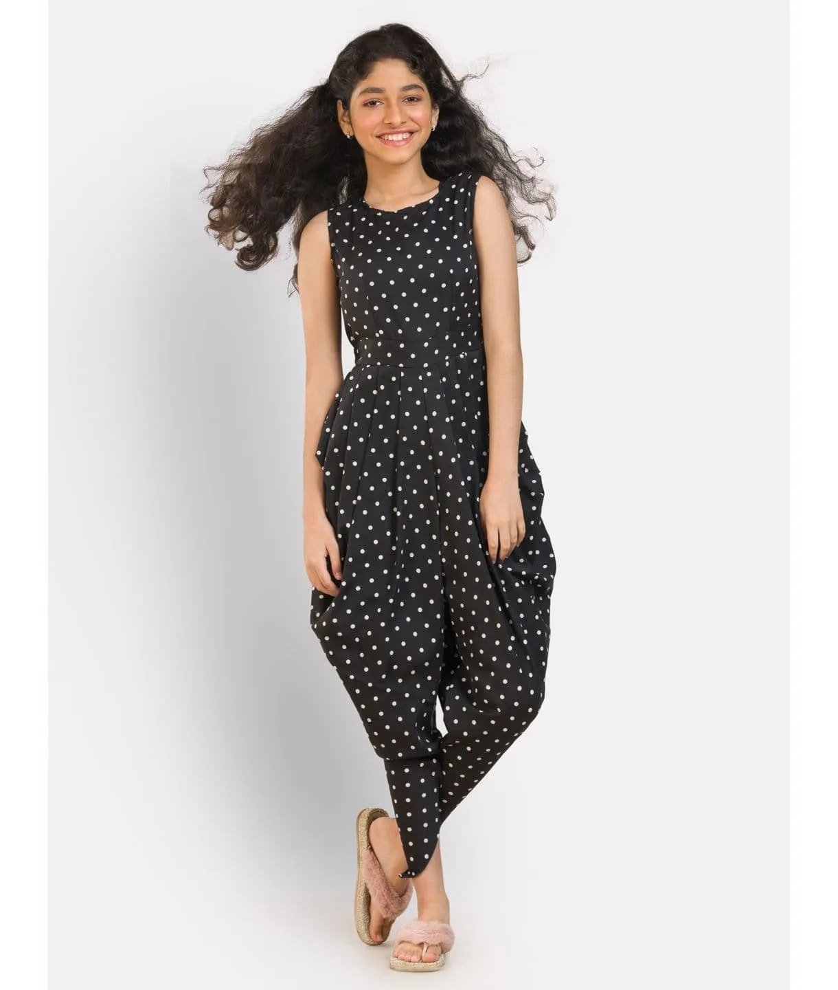 Elasticated Polka Print Dhoti Jumpsuit for Girls