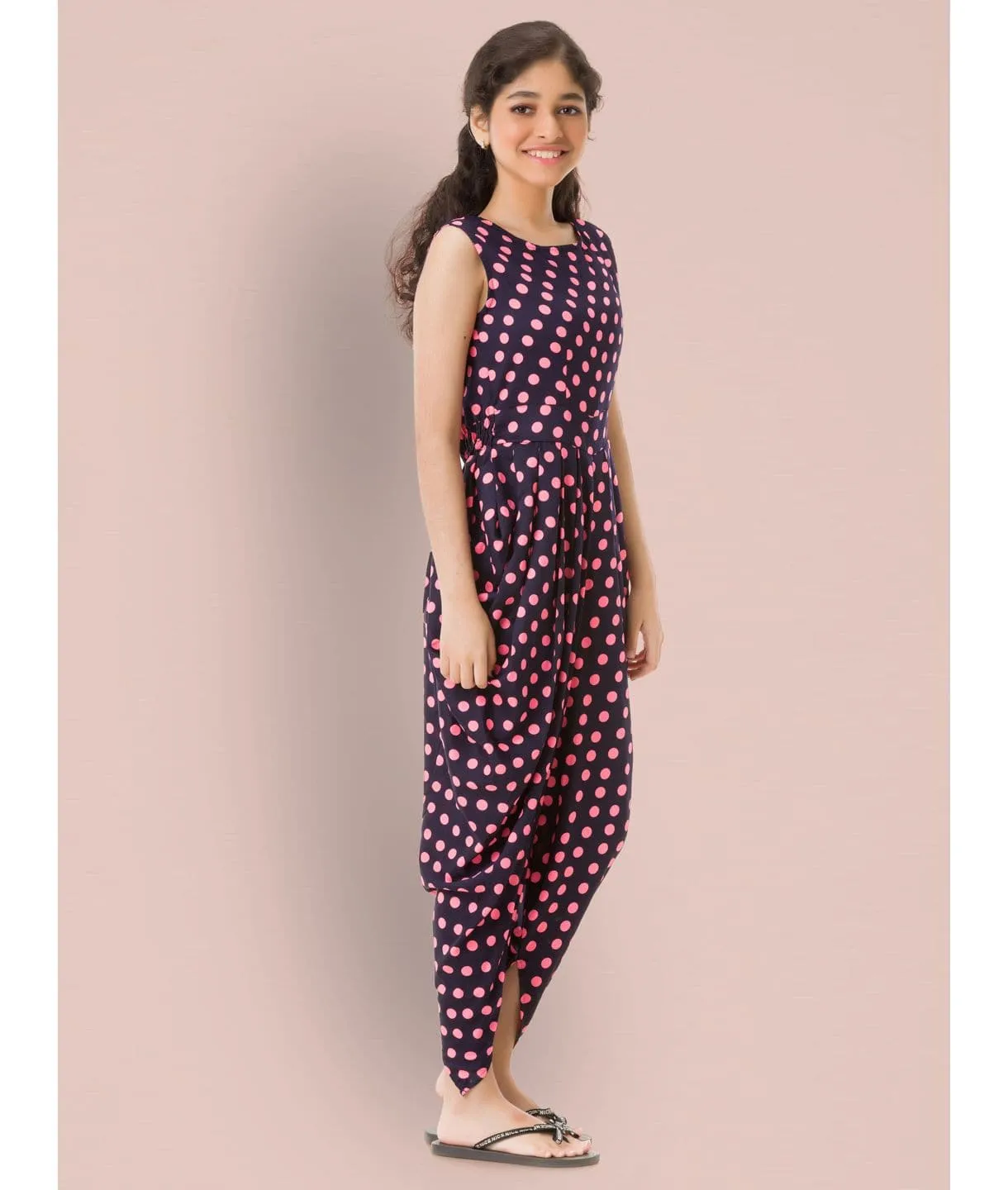 Elasticated Polka Print Dhoti Jumpsuit for Girls