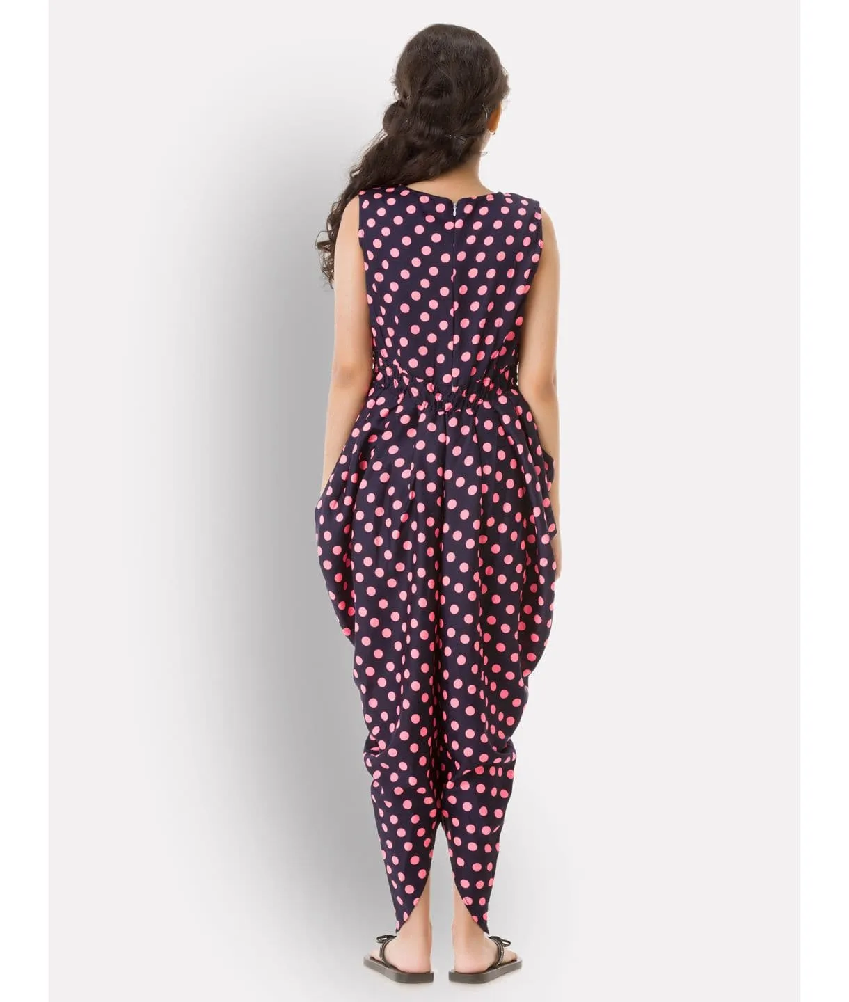 Elasticated Polka Print Dhoti Jumpsuit for Girls