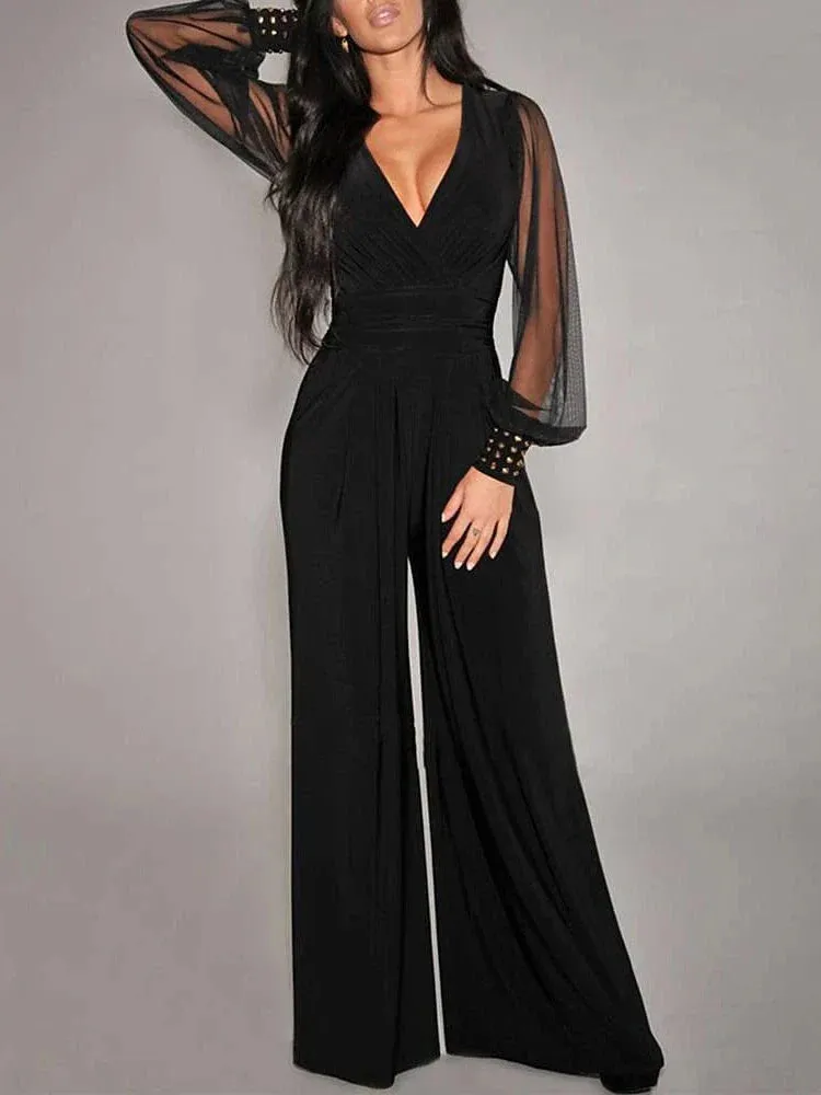 Elegant High Waist Mesh Jumpsuit with V Neck and Wide Leg