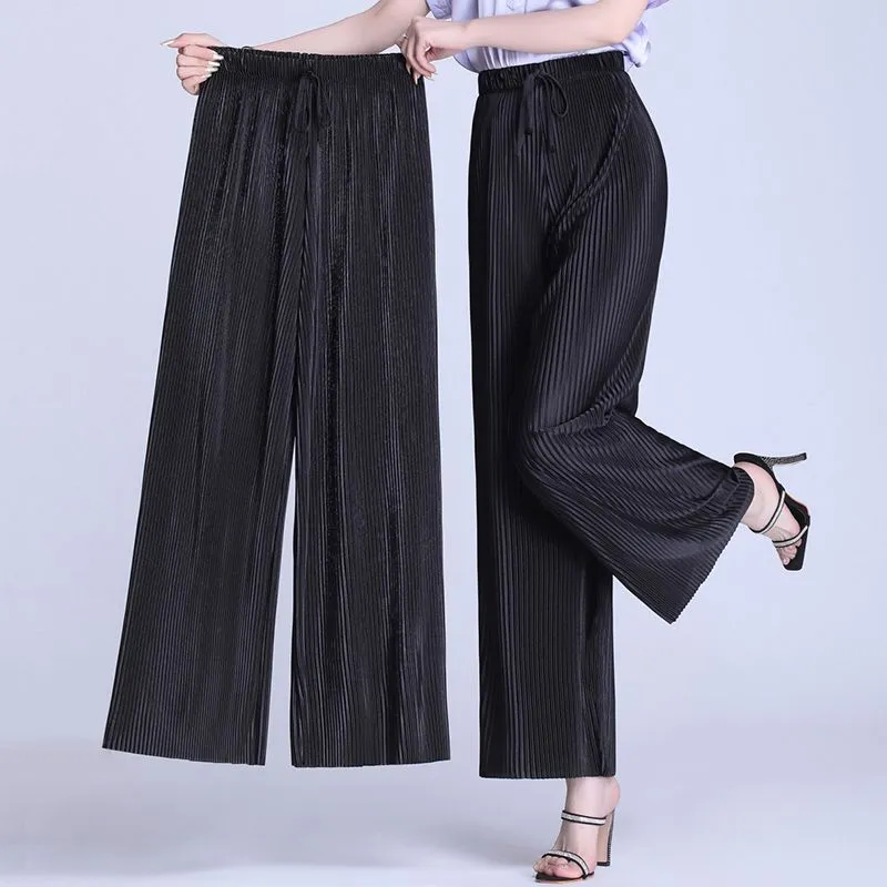 Fashion Solid Pleated Chiffon Wide Leg Pants Female