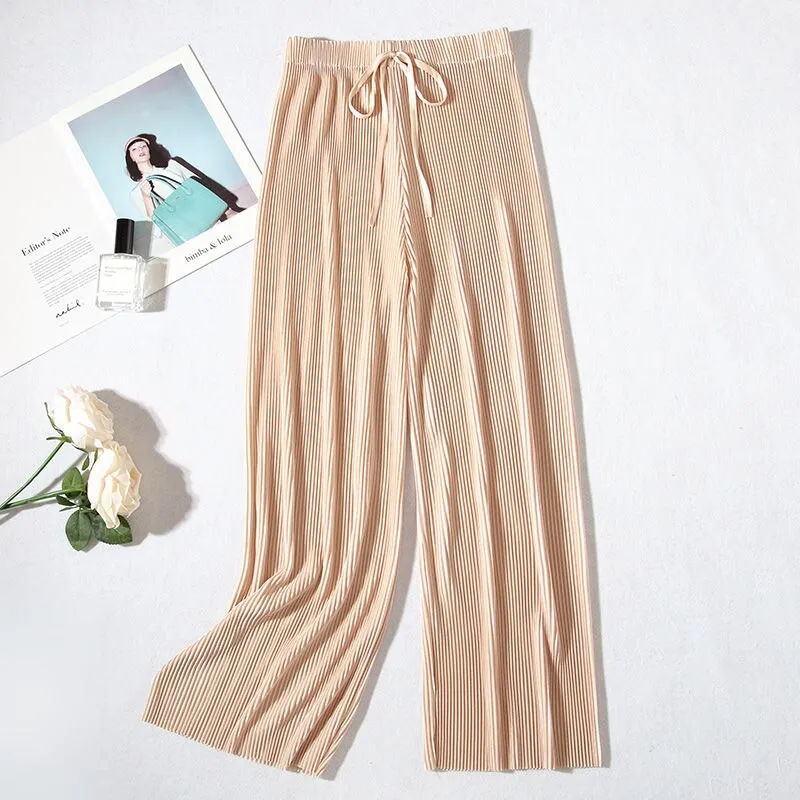 Fashion Solid Pleated Chiffon Wide Leg Pants Female