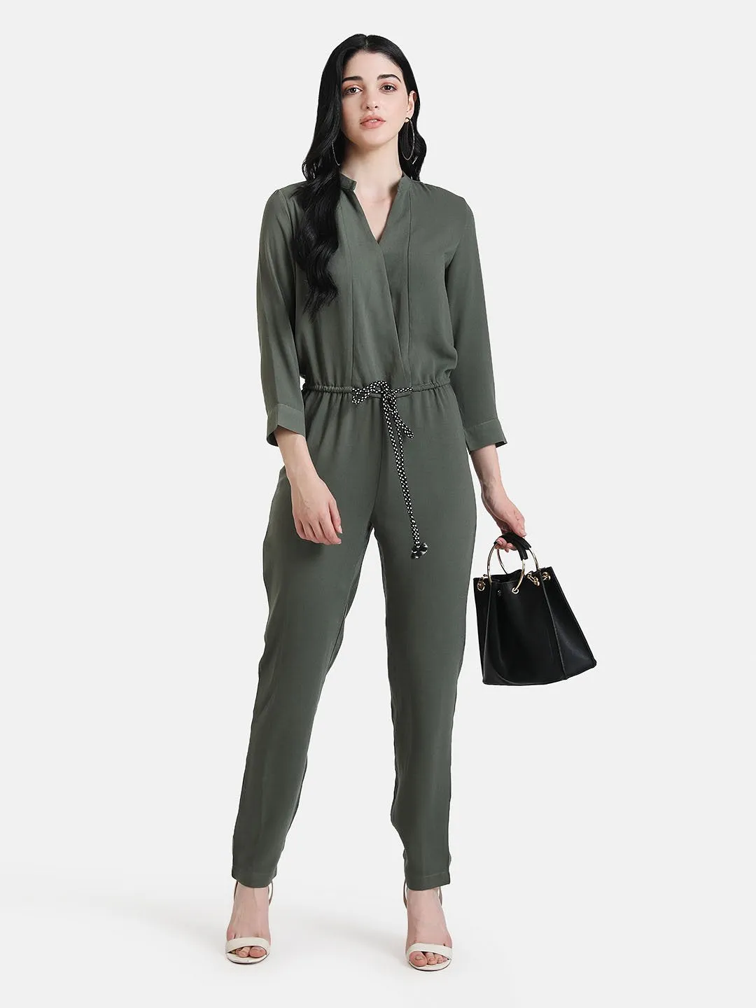 Front Overlap Jumpsuit With Waist Tie-Up