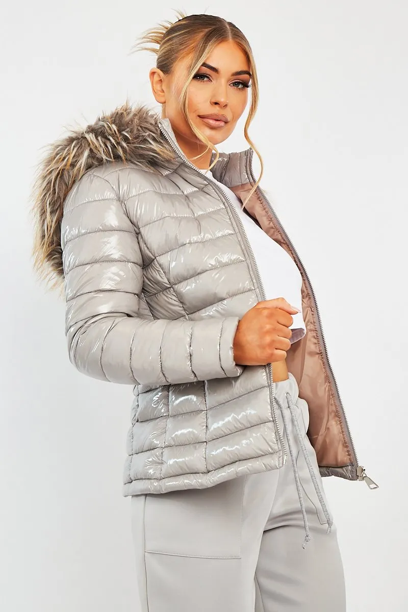 Grey Wet Look Puffer Coat - Soph