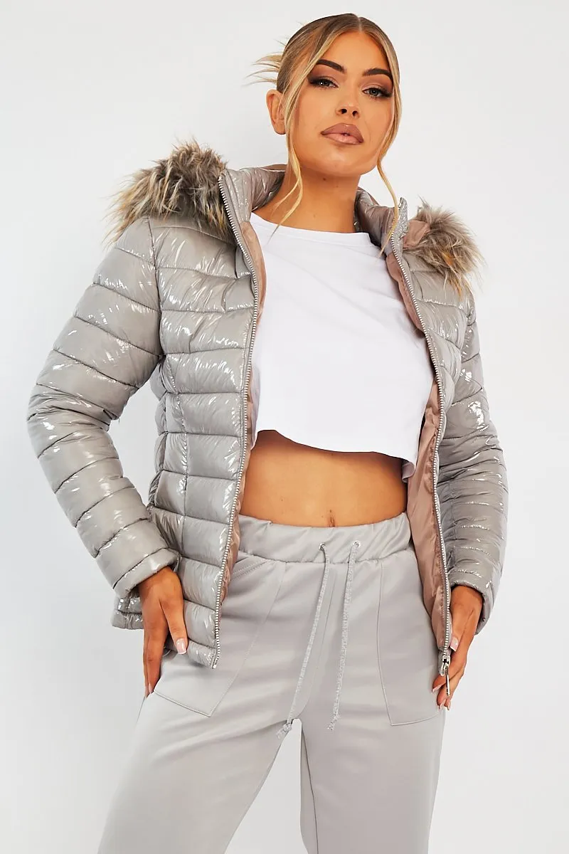 Grey Wet Look Puffer Coat - Soph