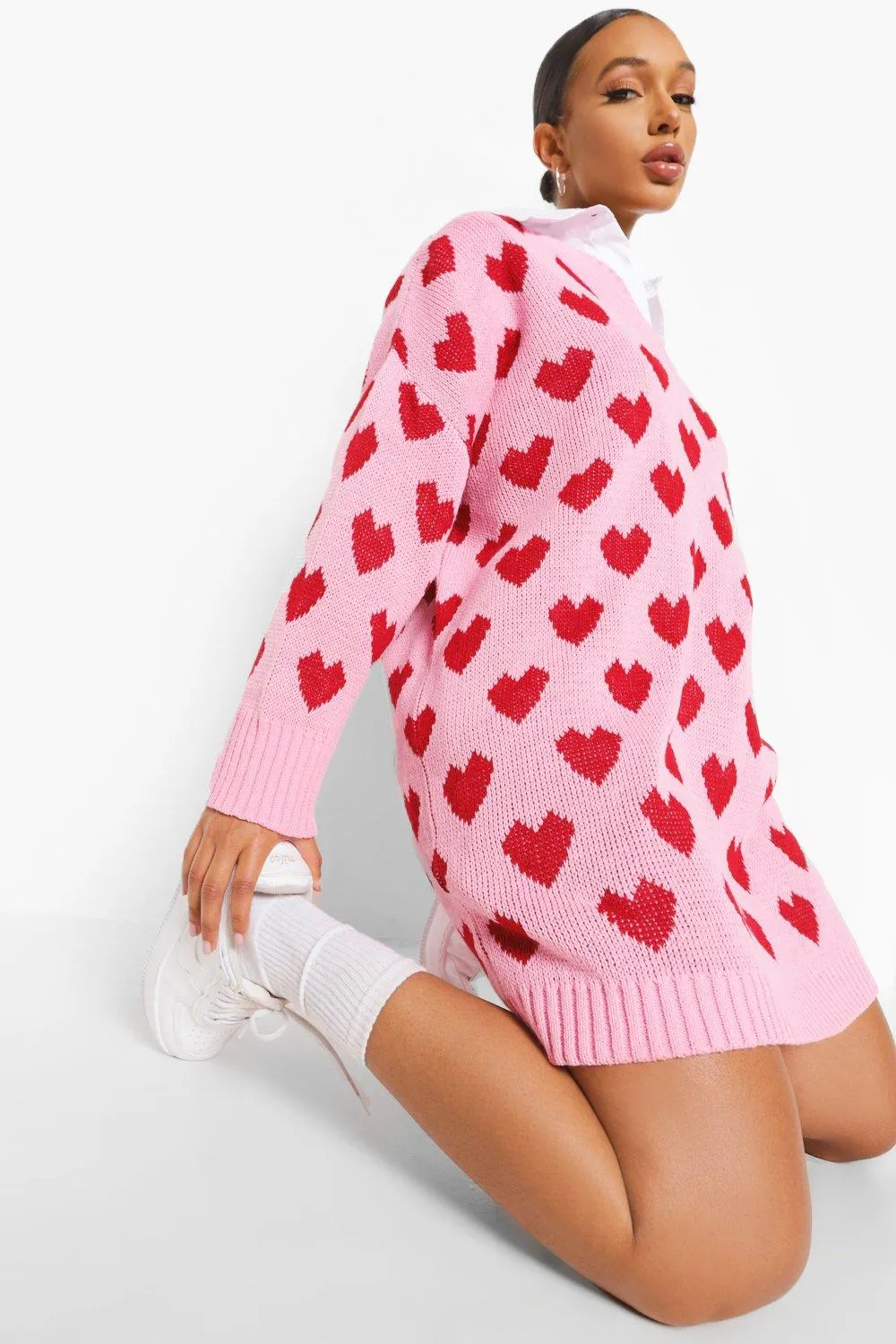 Heart Print Oversized Sweater Dress