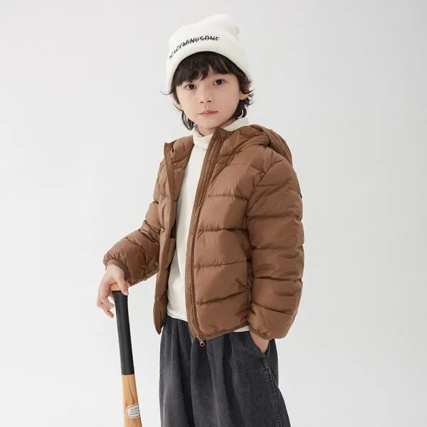 Hooded coat filled with white duck down for kids