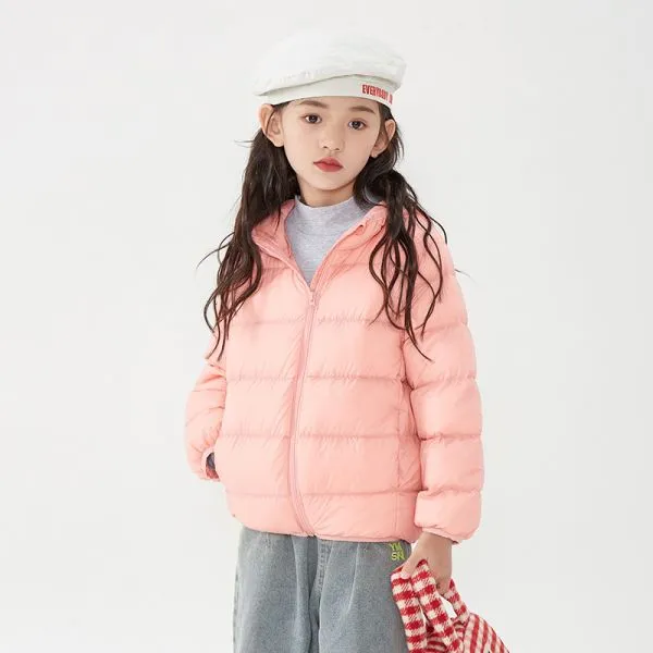 Hooded coat filled with white duck down for kids