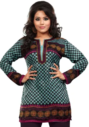 India Tunic Top Short Kurti Women's Printed Indian Clothing (Blue)