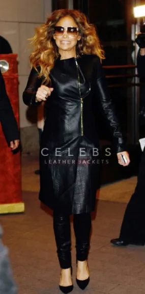 Jennifer Lopez Long Trench Black Leather Coat