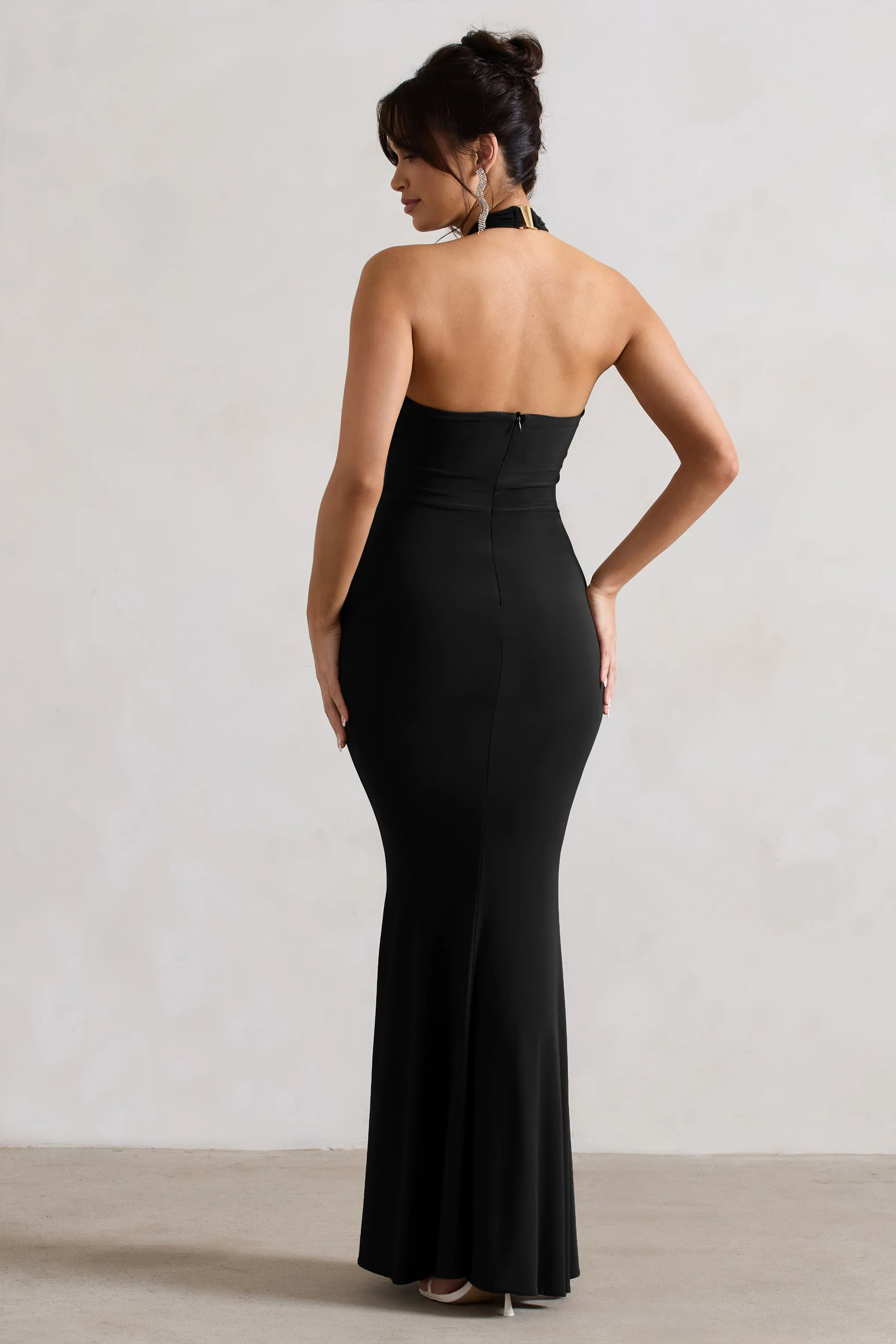 Kira | Black Halter-Neck Cut-Out Split Maxi Dress With Flowers