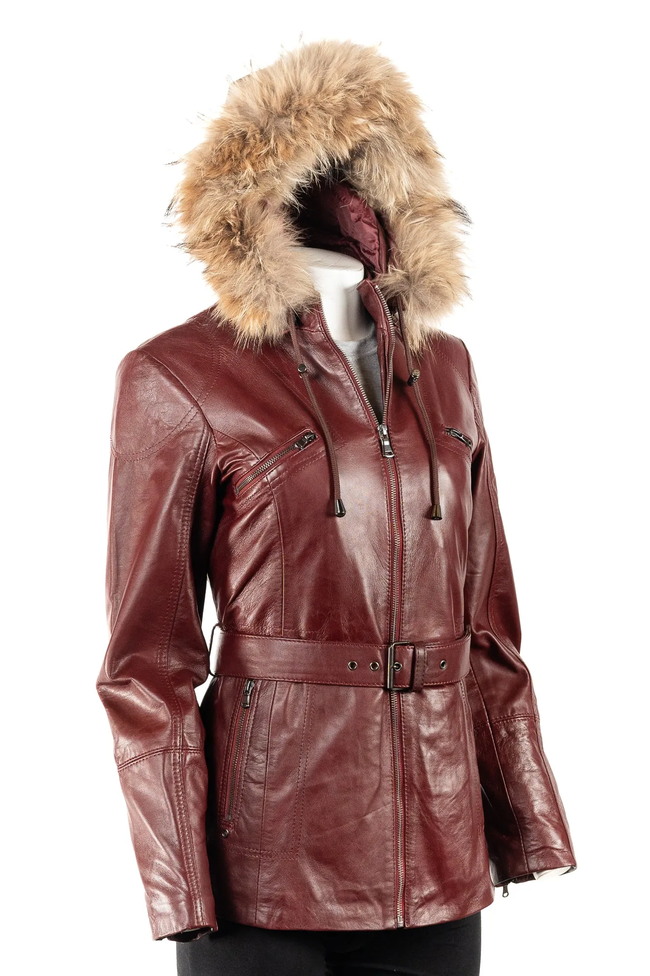 Ladies Burgundy Belted Leather Coat With Detachable Fur Trimmed Hood: Paola