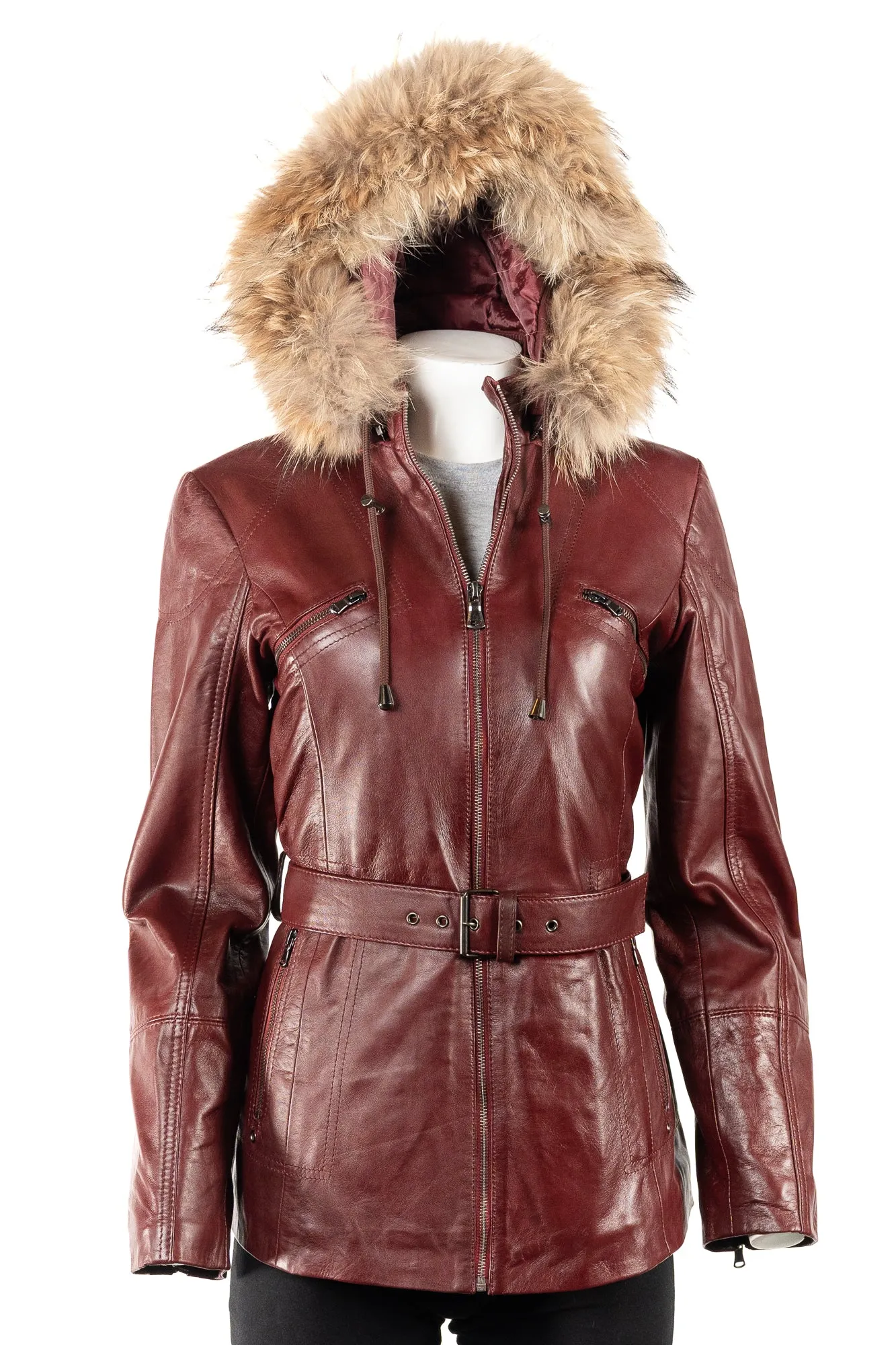 Ladies Burgundy Belted Leather Coat With Detachable Fur Trimmed Hood: Paola