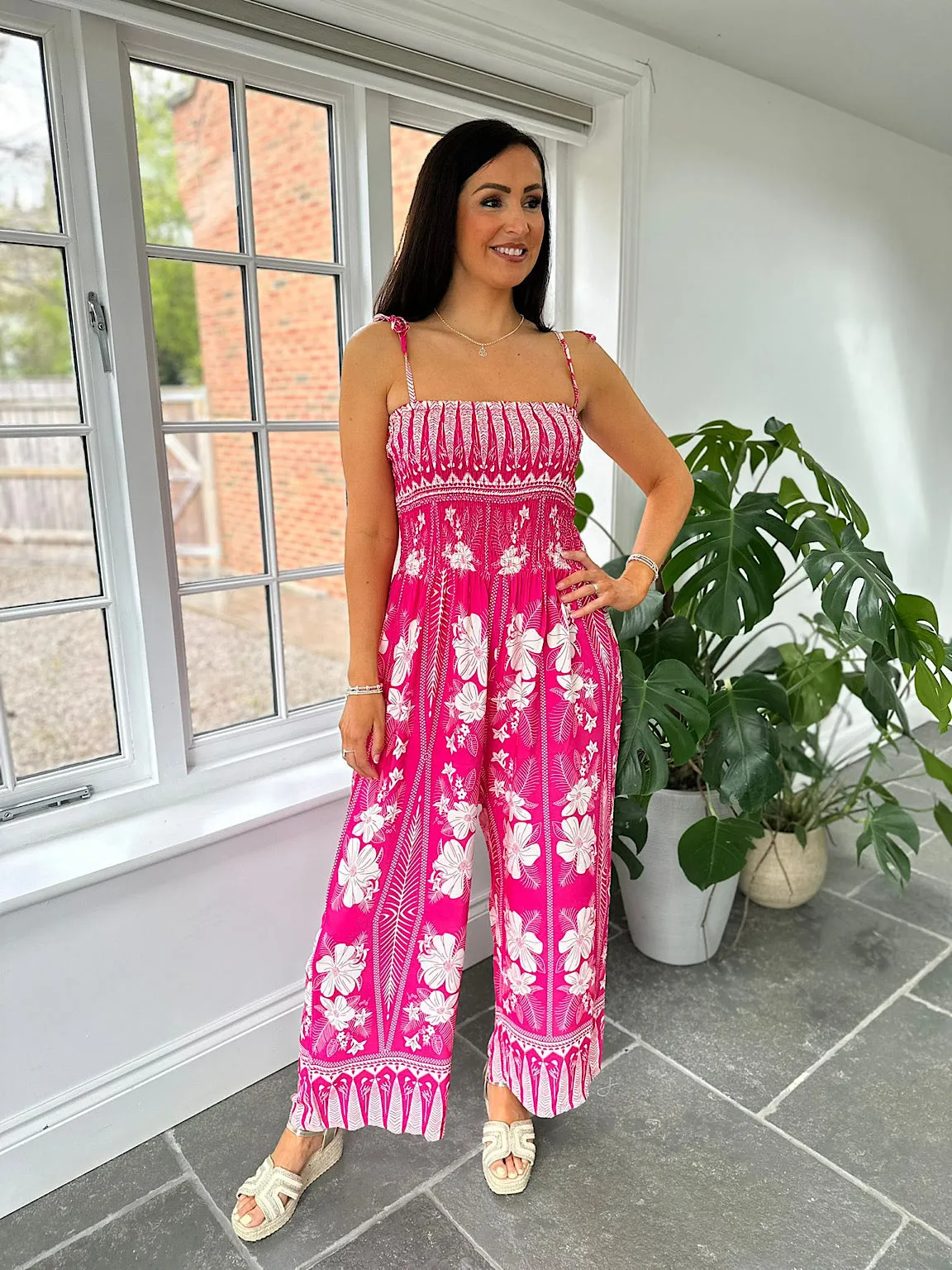 Lipstick Pink Flower Print Jumpsuit