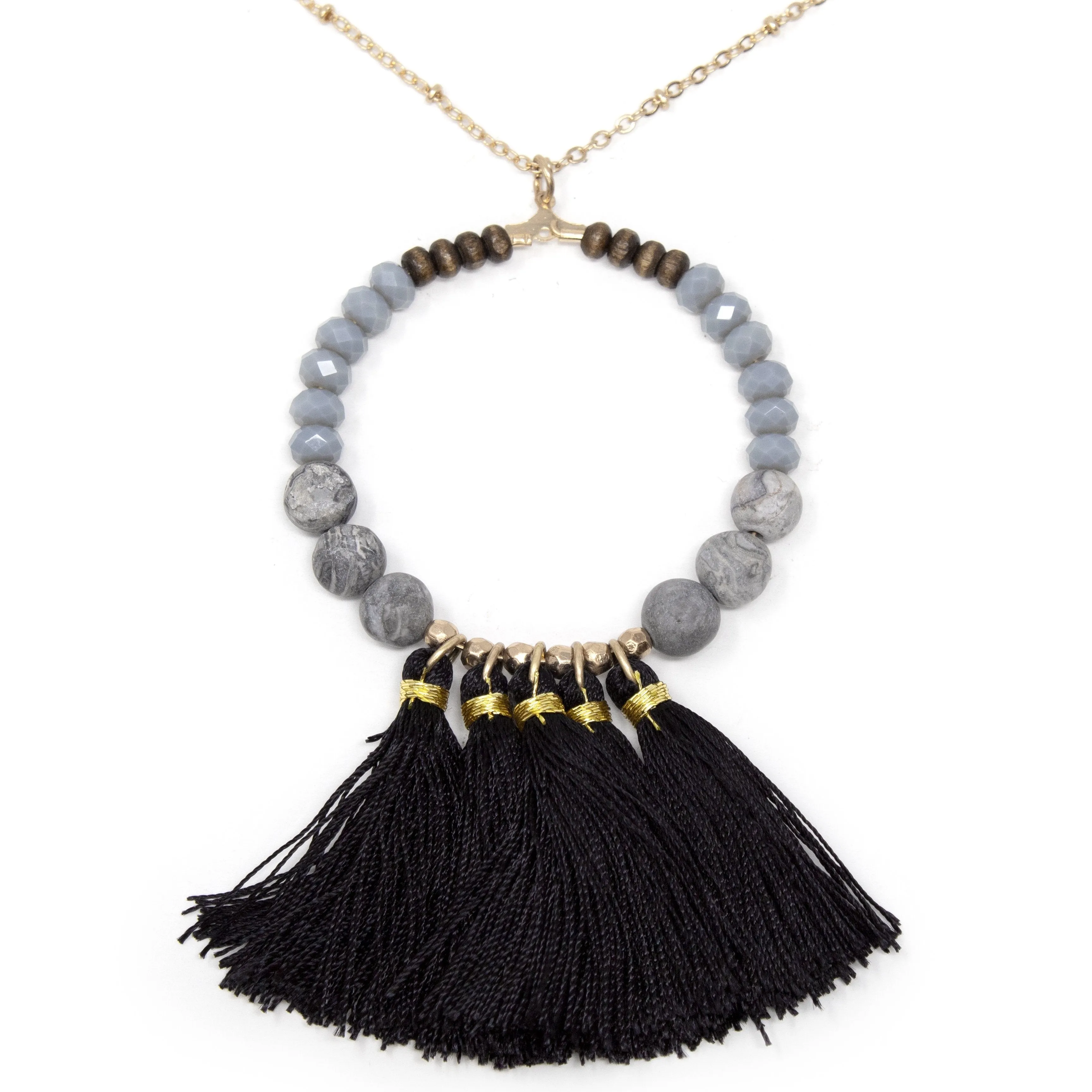 Long Necklace with Ring Pendant with Black Tassels