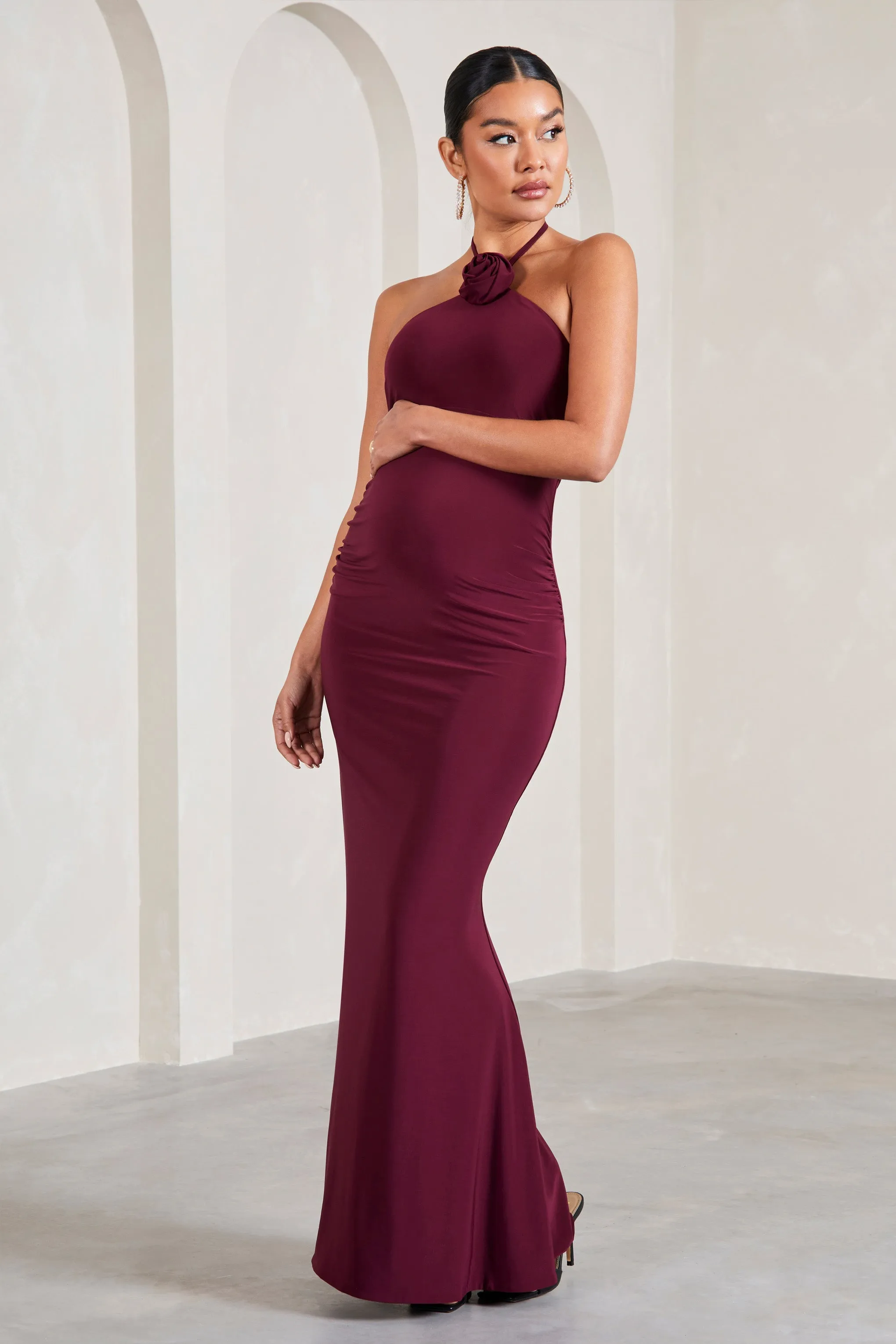 Loving | Burgundy Halter-Neck Maternity Maxi Dress With Flower Corsage