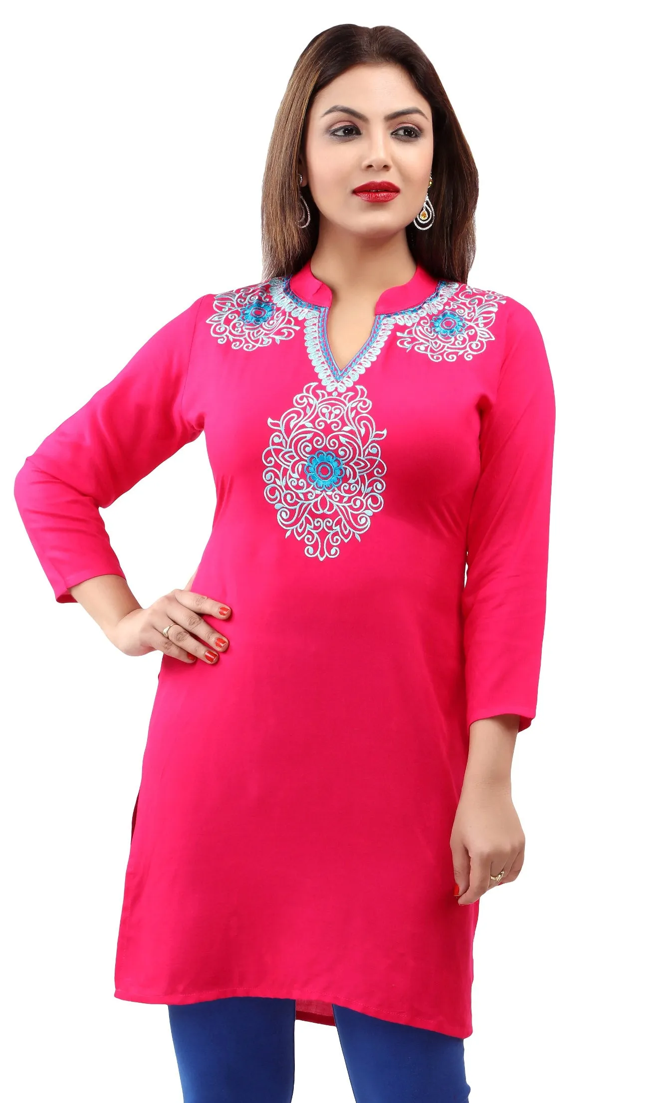 Maple Clothing India Women's Tunic Top Embroidered Kurti (Pink)