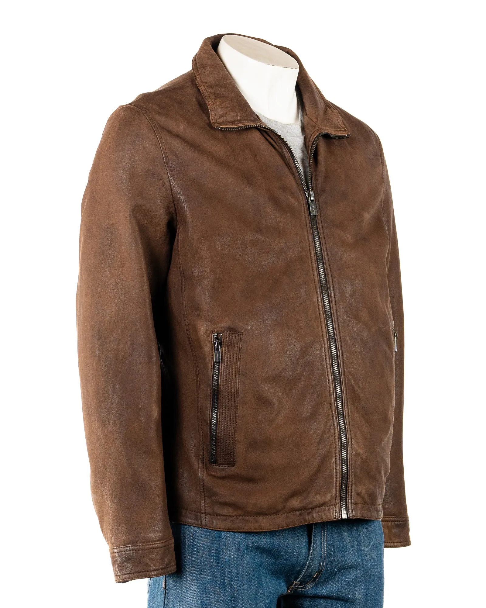 Men's Smart Brown Leather Coat with Removable Double Collar: